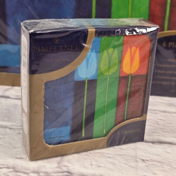 Vtg Pimpernel Premier Collection 6 Placemats & Coasters Set Blue Tulips Design - Picture 6 of 14